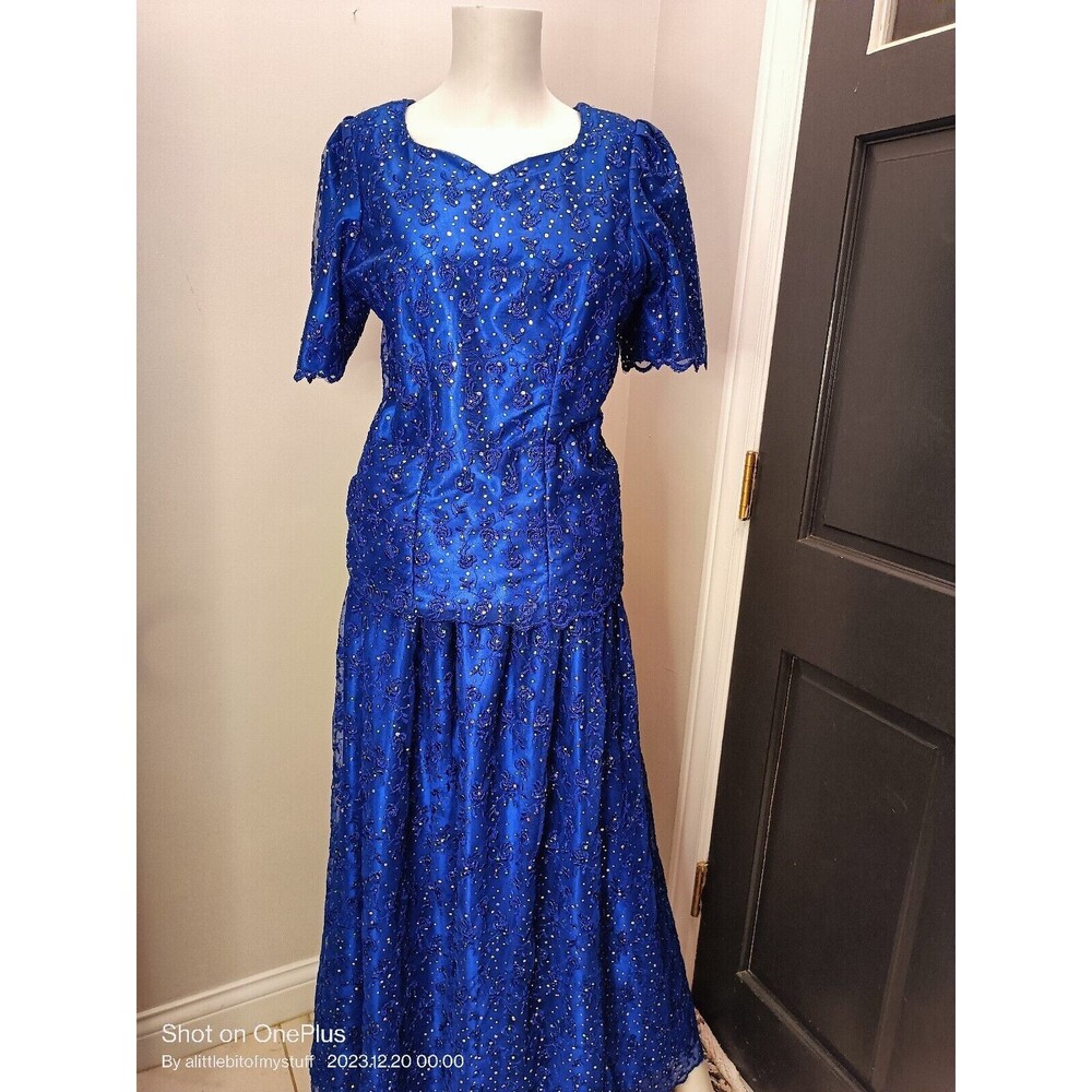 Creative Touch Blue Beaded Maxi Dress 2 Piece Blue Lace Top With Blue Lining